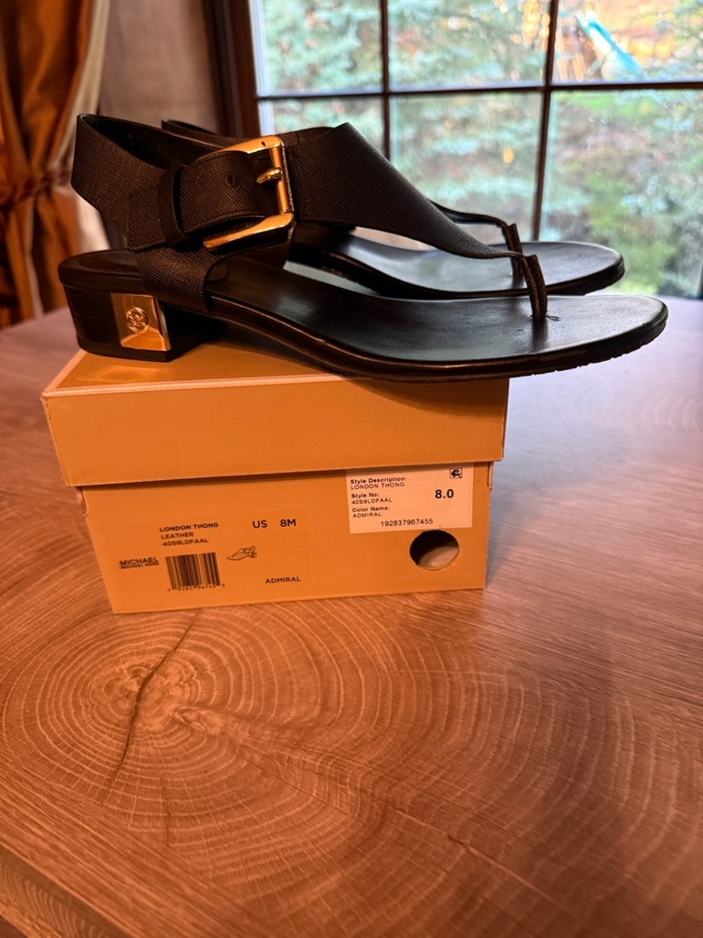 MICHAEL Michael Kors Admiral Leather Thong Slingback Sandals with Gold Buckle